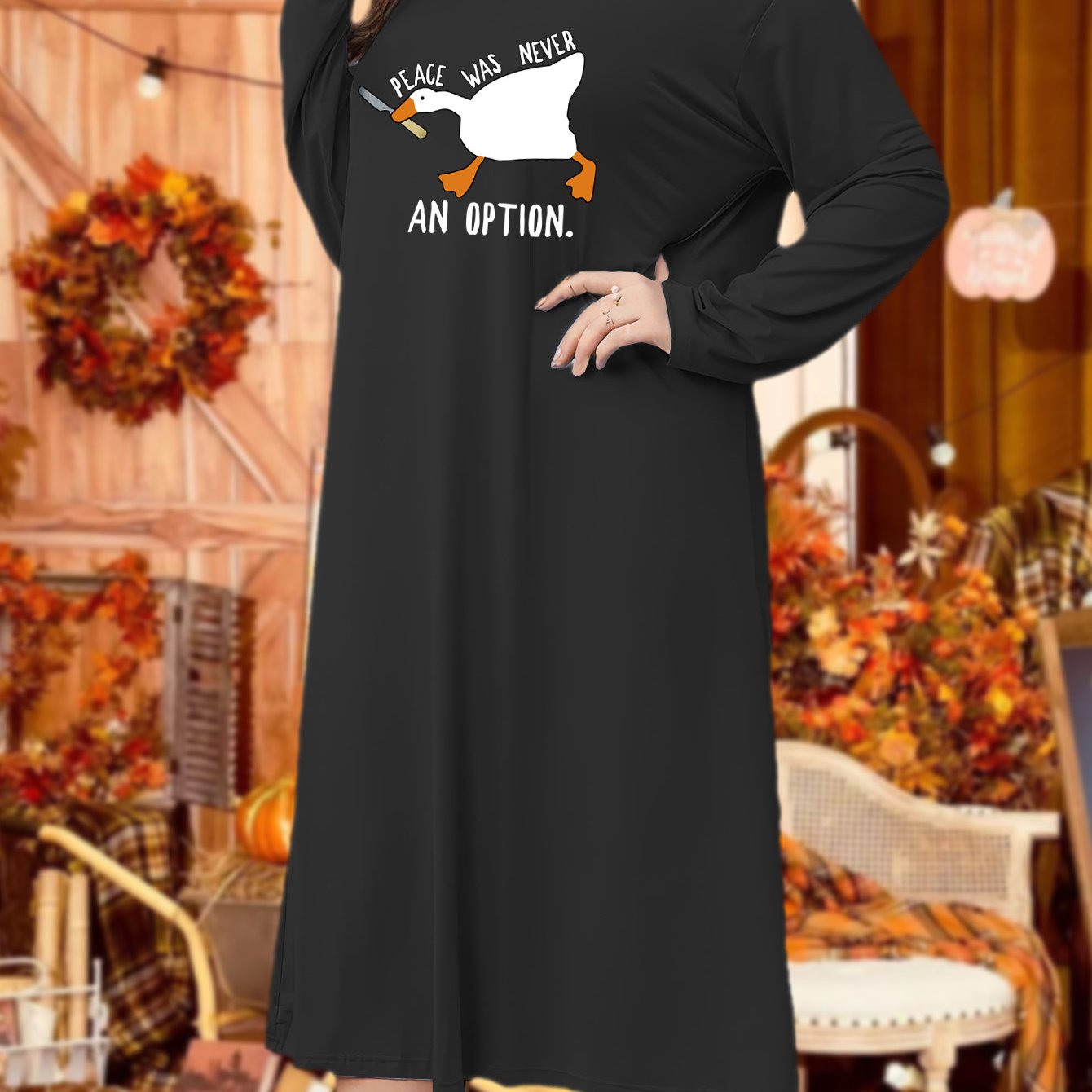 Lounge Dress Women's Plus Funny Goose Print Long Sleeve Round Neck Tee