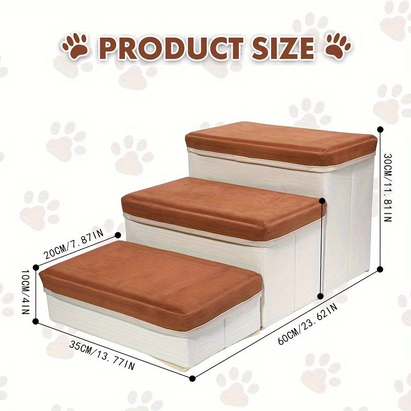 Foldable 3-Tier Pet Stairs for High Bed with Storage