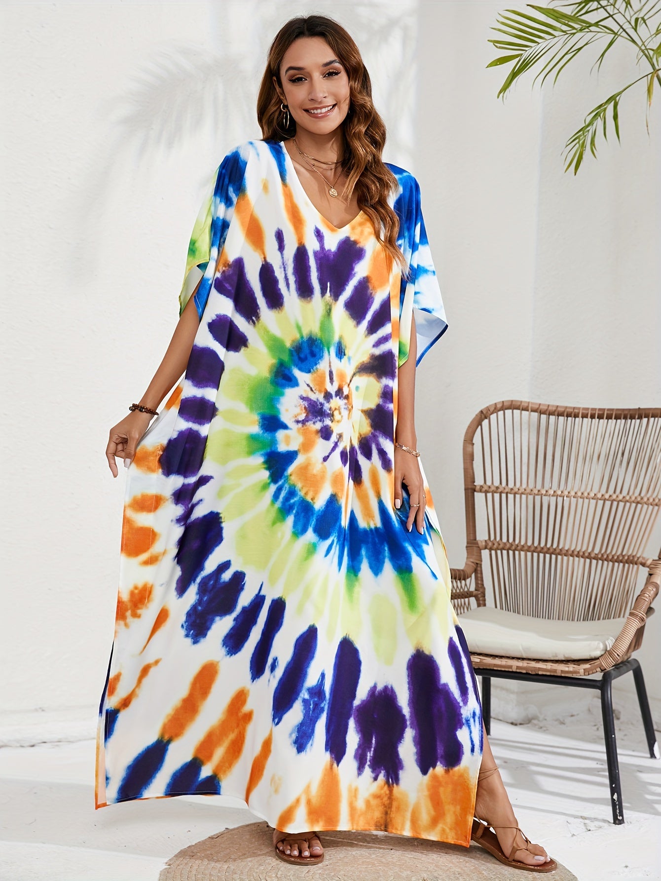 Boho Tie Dye Batwing Sleeve V Neck Kaftan Cover Up Dress