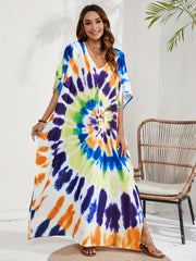 Boho Tie Dye Batwing Sleeve V Neck Kaftan Cover Up Dress