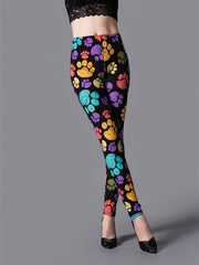 Dog Footprint Print Skinny Leggings High Waist Stretchy Leggings