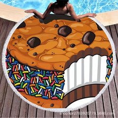 Tassel Round Beach Towel Hamburger Fruit Print Picnic Blanket