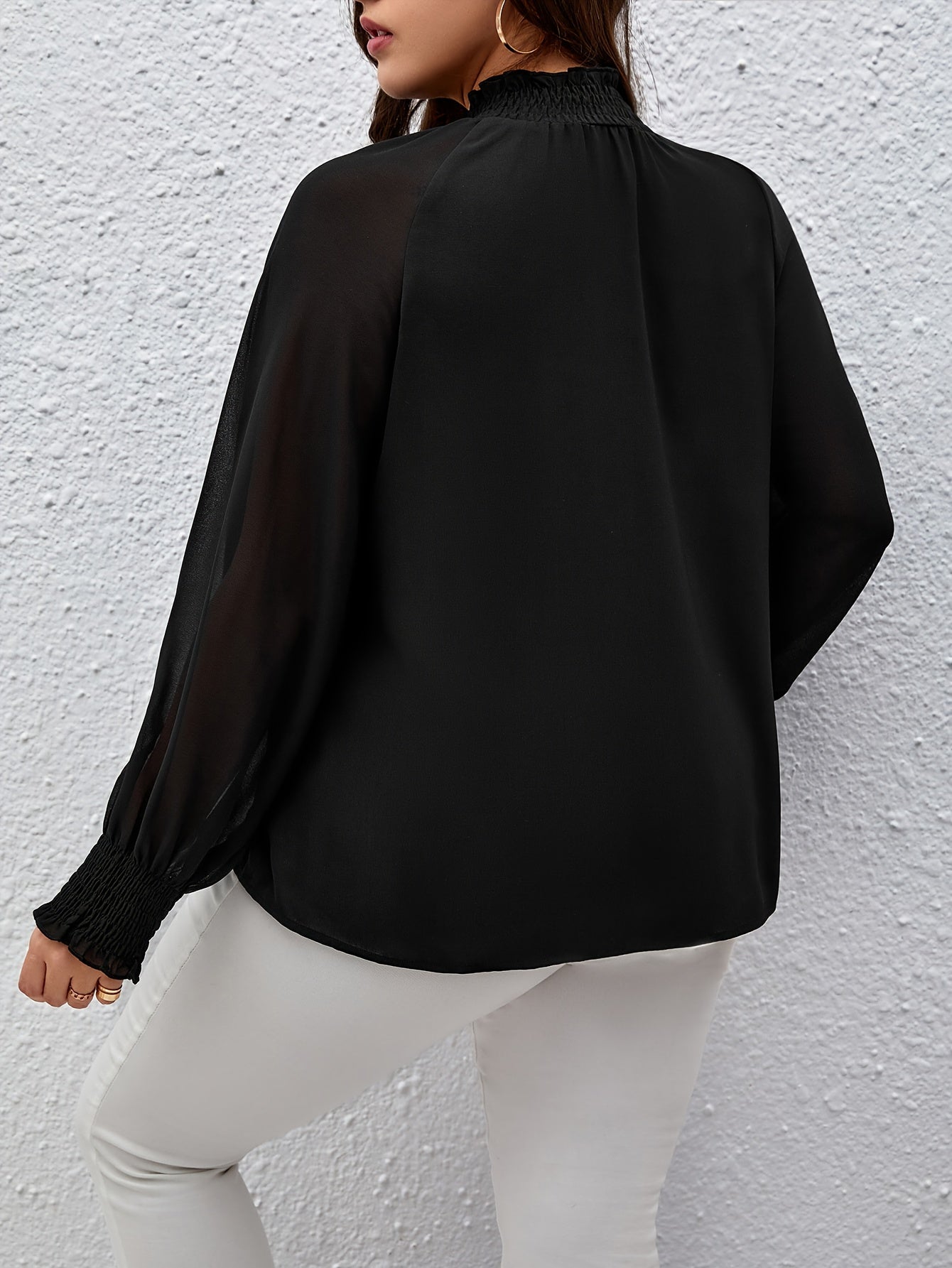 Mesh Shirred Sleeve Mock Neck Top
