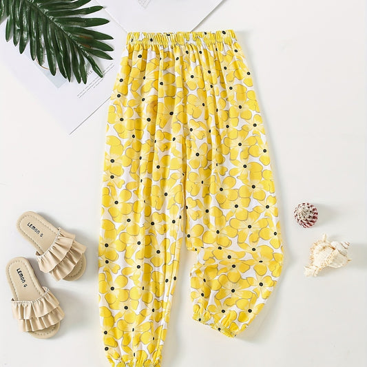 Girls Floral Elastic Waist Pants Thin Loose Trousers