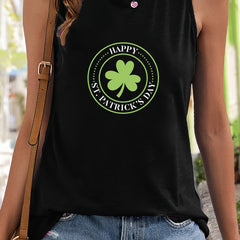 Leaf & Letter Print Sleeveless Sports Vest Round Neck Stretchy Casual Top