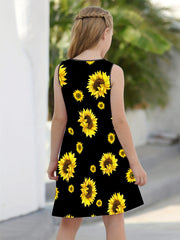 Girls Sunflower Print Sleeveless Loose Fit Summer Dress