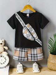Boys Cartoon Chest Bag Graphic T shirt & Plaid Shorts Set
