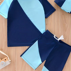3pcs Boys Block Swimsuit Set with Swimming Cap