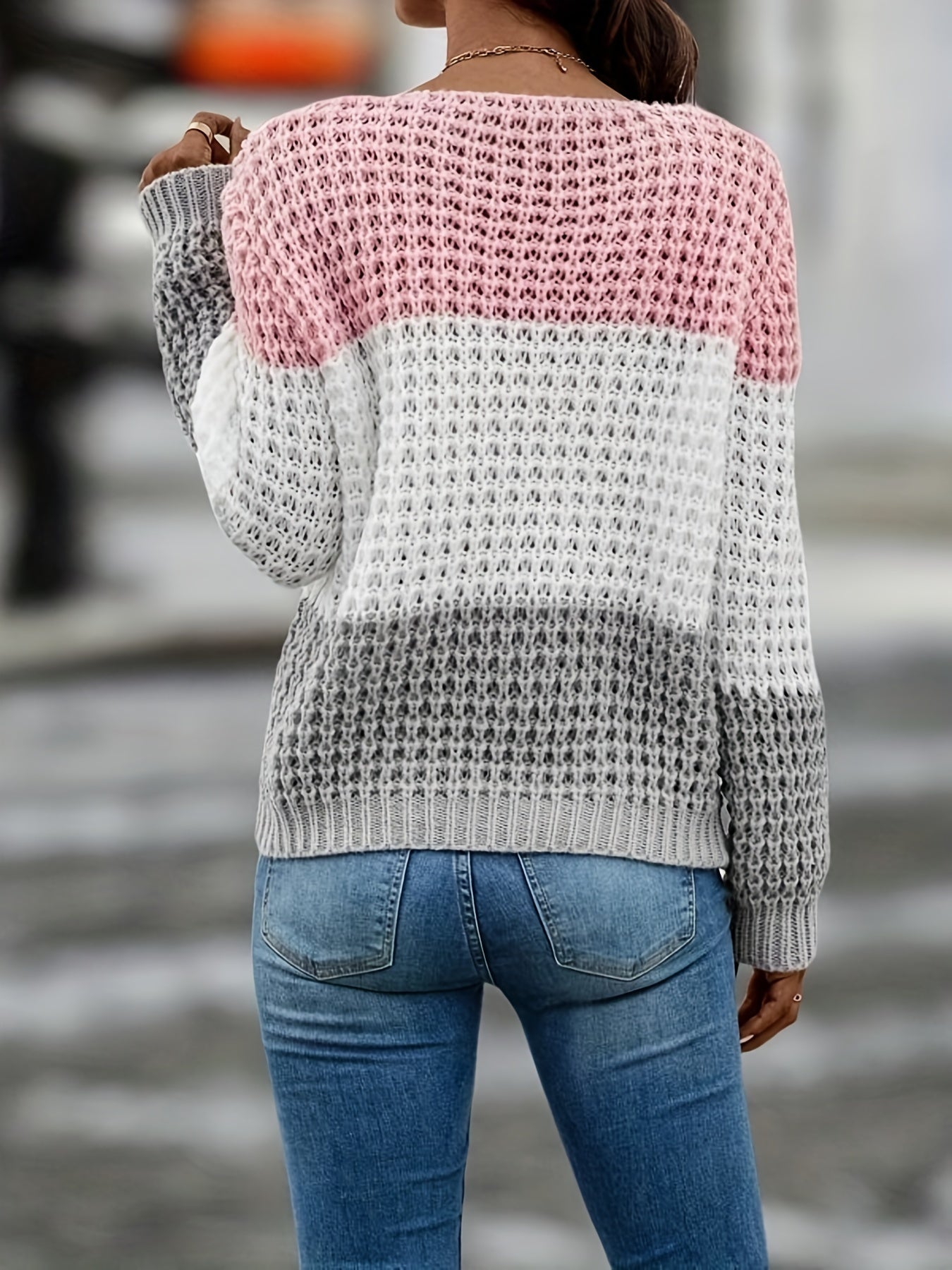 Block Crew Neck Sweater Long Sleeve for Fall & Winter