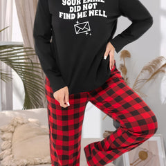 Women's Plus Size Envelope Print Pajama Set with Plaid Pants