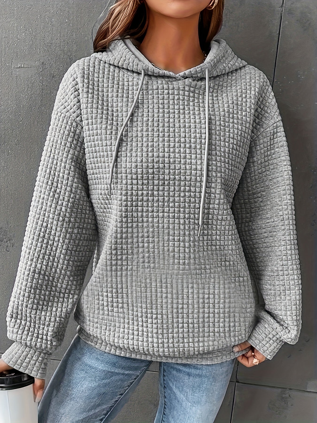 Popcorn Style Texture Hoodie Long Sleeve Drawstring Hoodies Women