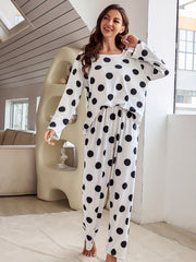 Polka Dot Pajama Set Long Sleeve Crew Neck Top & Pants Women's Sleepwear