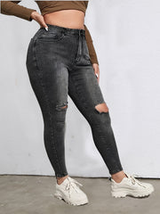Solid Washed Ripped Button Up Skinny Jeans Plus Size