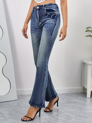 Whiskering Washed Boot Cut Jeans Slash Pocket Medium Stretch Flare Denim Pants