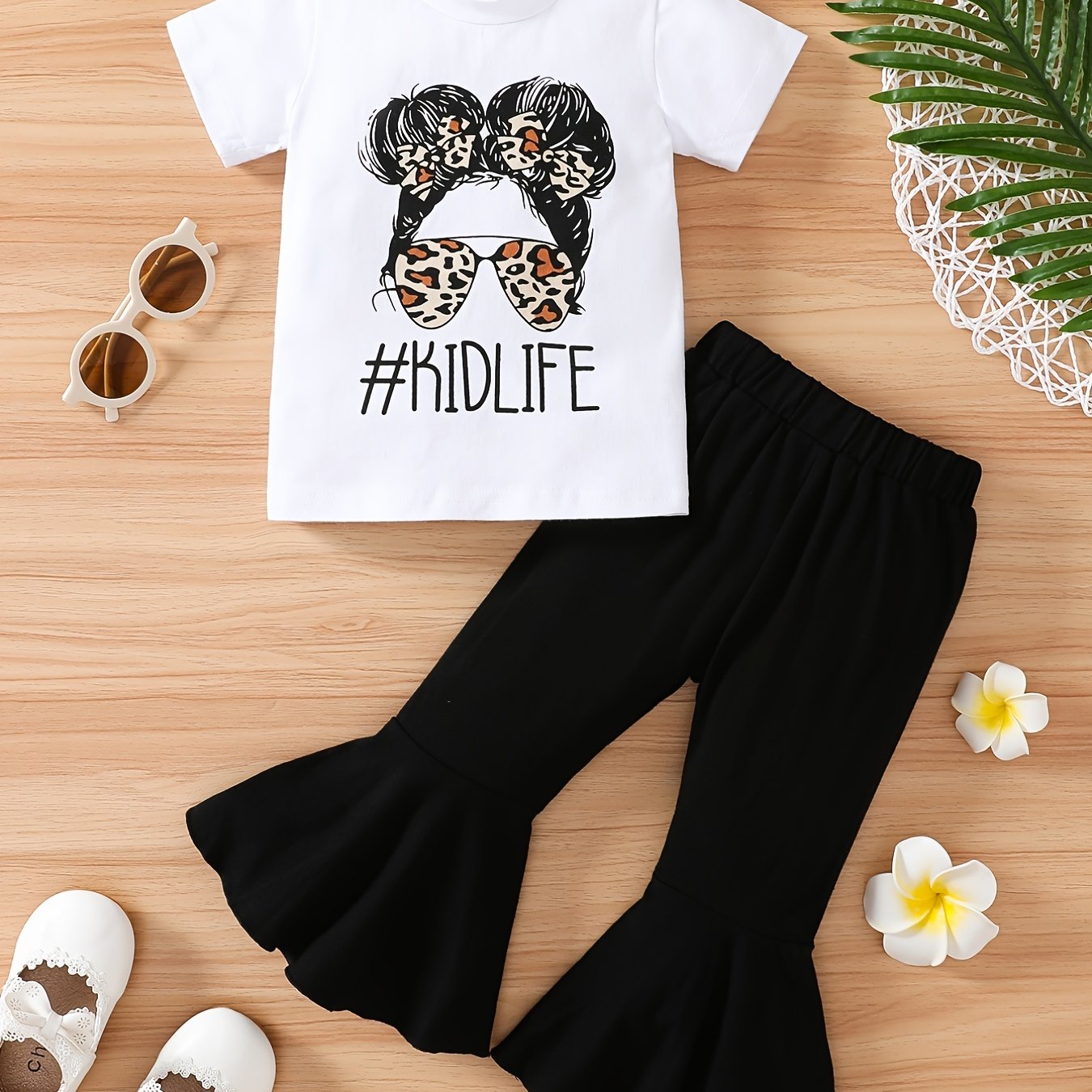Girls Leopard Print Tee & Solid Flared Pants Set