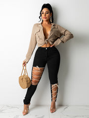 Laced Cutout Skinny Jeans High Rise Slim Fit Jeans With Lace Up Holes