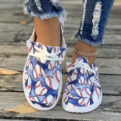 Love Heart Shape Baseball Pattern Flat Shoes Women's Shallow Mouth Casual Shoes
