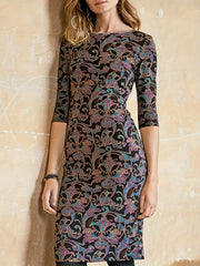 Floral Print Half Sleeve Round Neck Stretch Dress