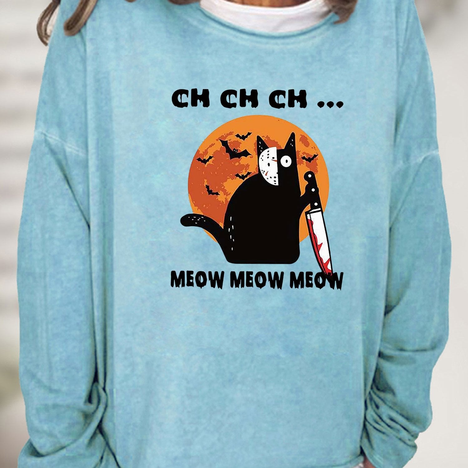 Halloween Cat Print Sweatshirt Long Sleeve Crew Neck