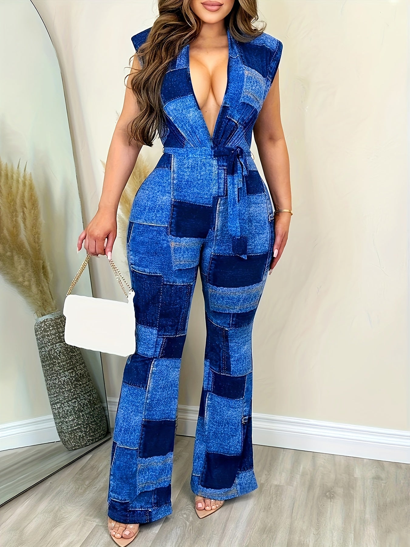 Denim Print V Neck Jumpsuit With Belt