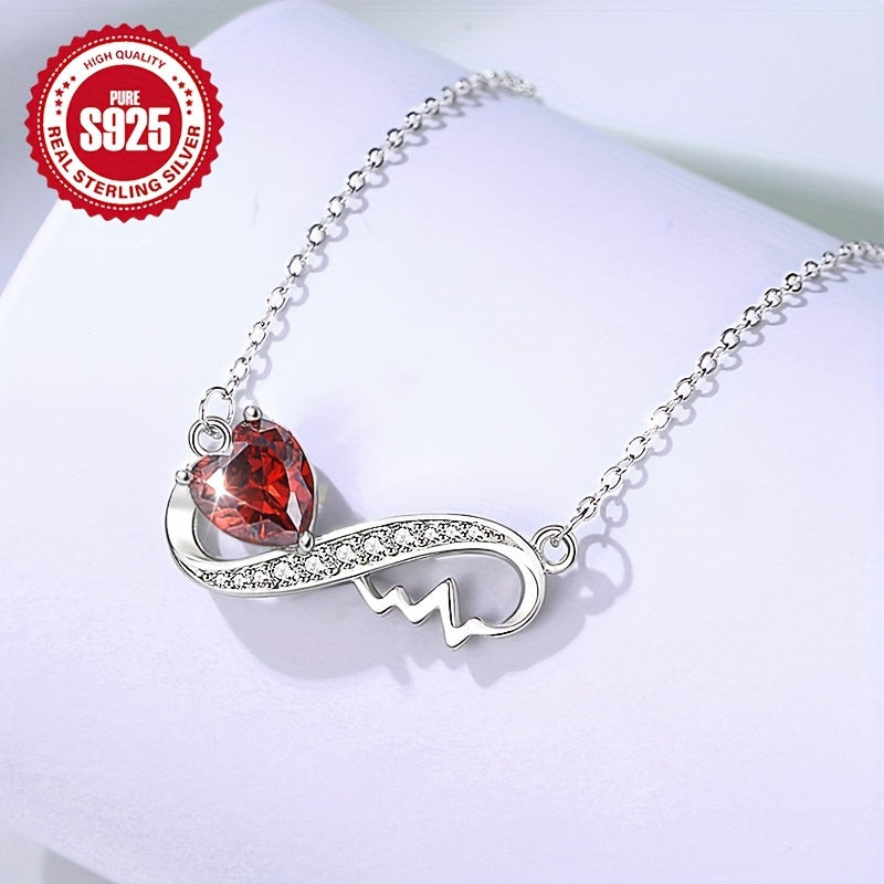 Infinity Love Heart Pendant Necklace with Red Zirconia 925 Sterling Silver