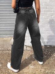 Distressed Straight Jeans Ripped Holes Loose Fit Denim Pants