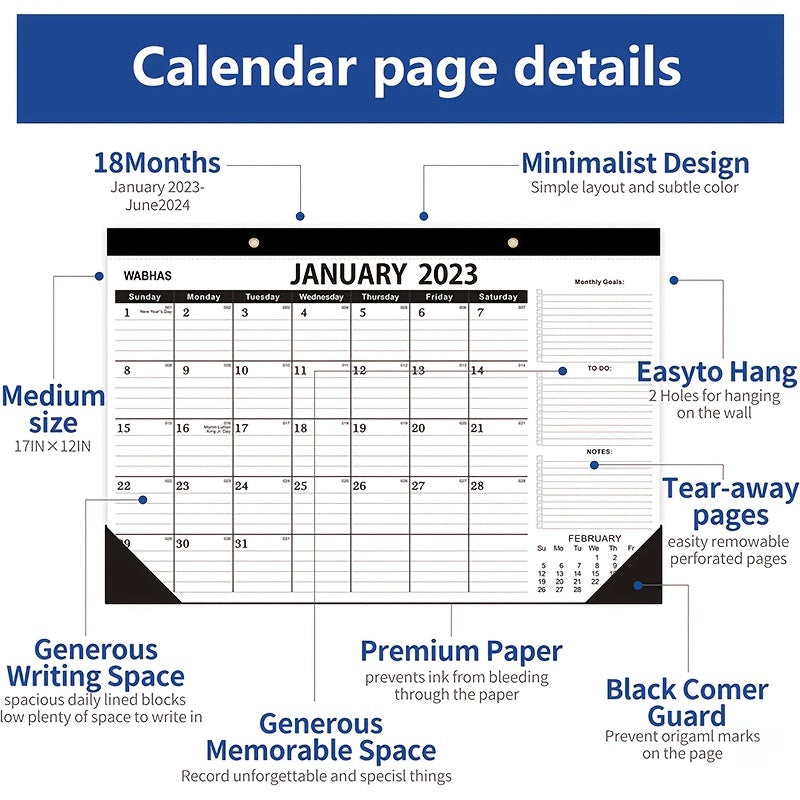 TOOUEE 18 Months 17 X 12 Large Desk Wall Calendar With To do List