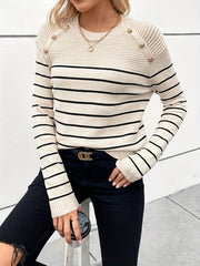 Striped Button Decor Pullover Sweater Crew Neck Long Sleeve