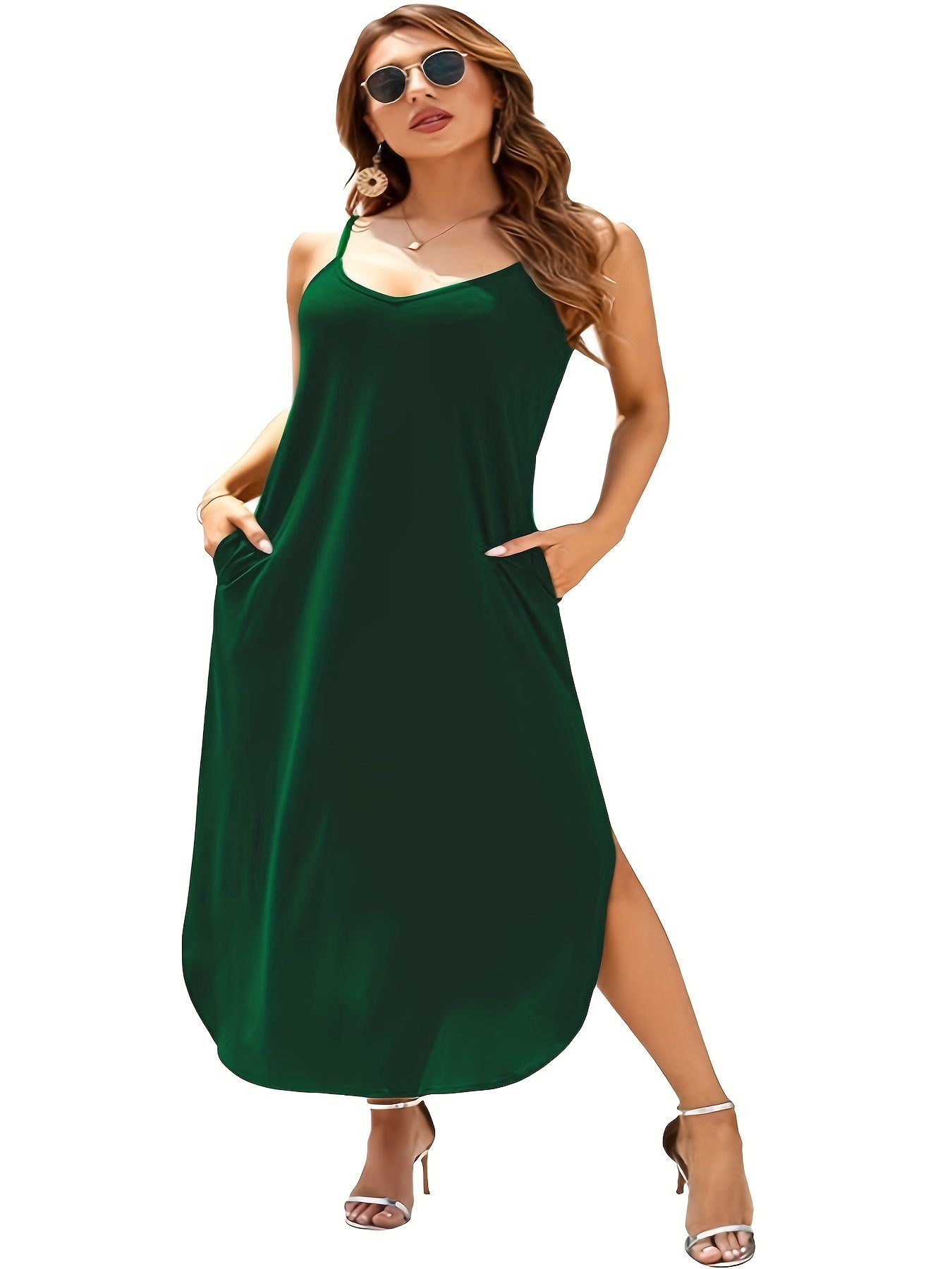 Solid Side Slit Maxi Slip Dress Plus Medium Stretch Casual Cami Dress