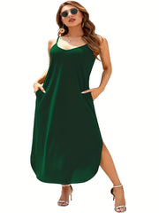 Solid Side Slit Maxi Slip Dress Plus Medium Stretch Casual Cami Dress