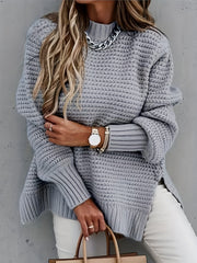 Chunky Knit Mock Neck Sweater Split Pullover for Fall & Winter Women's Clothing