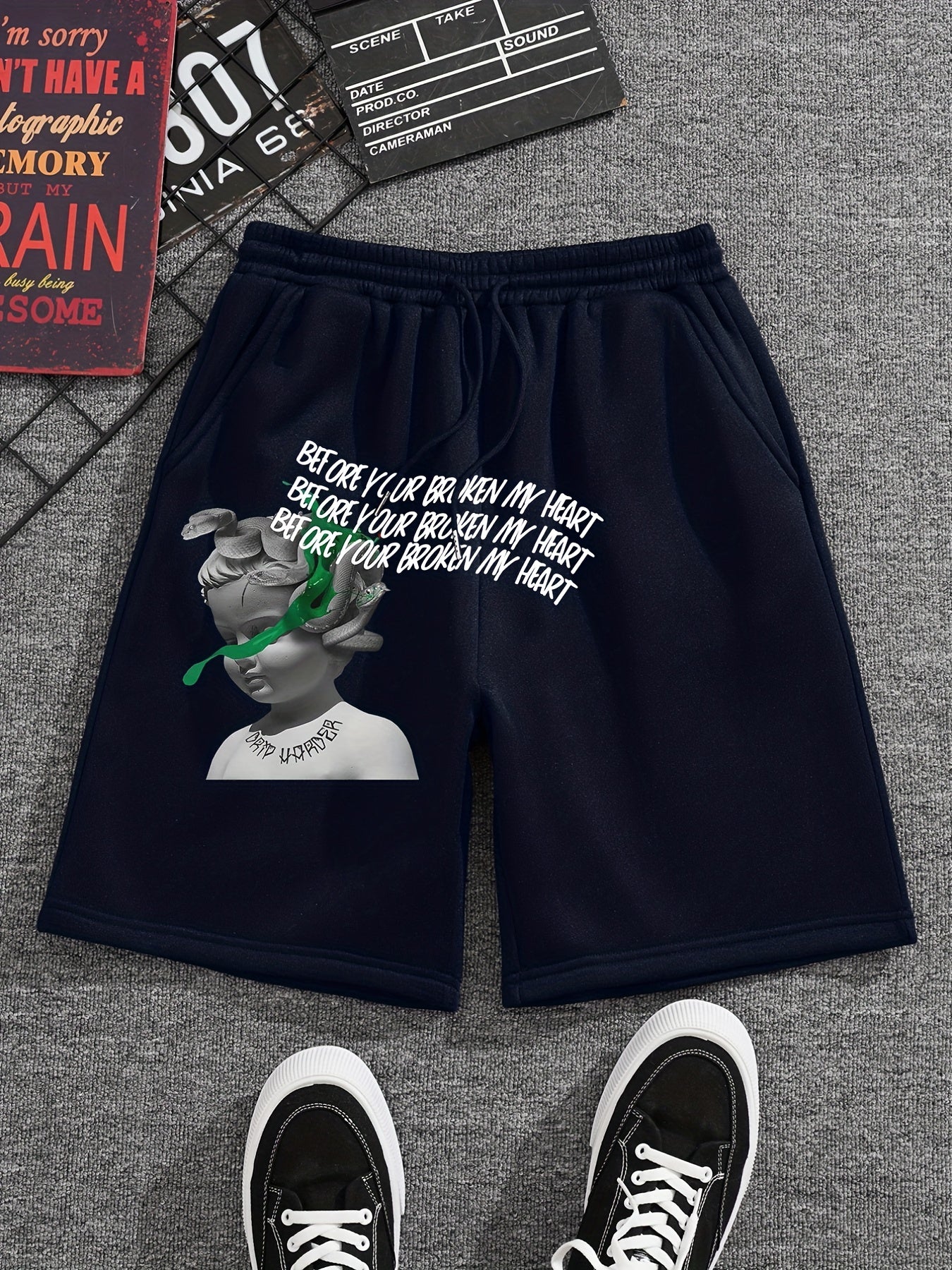 Snake & Child Statue Comfy Shorts Men's Casual Elastic Waist Drawstring Shorts