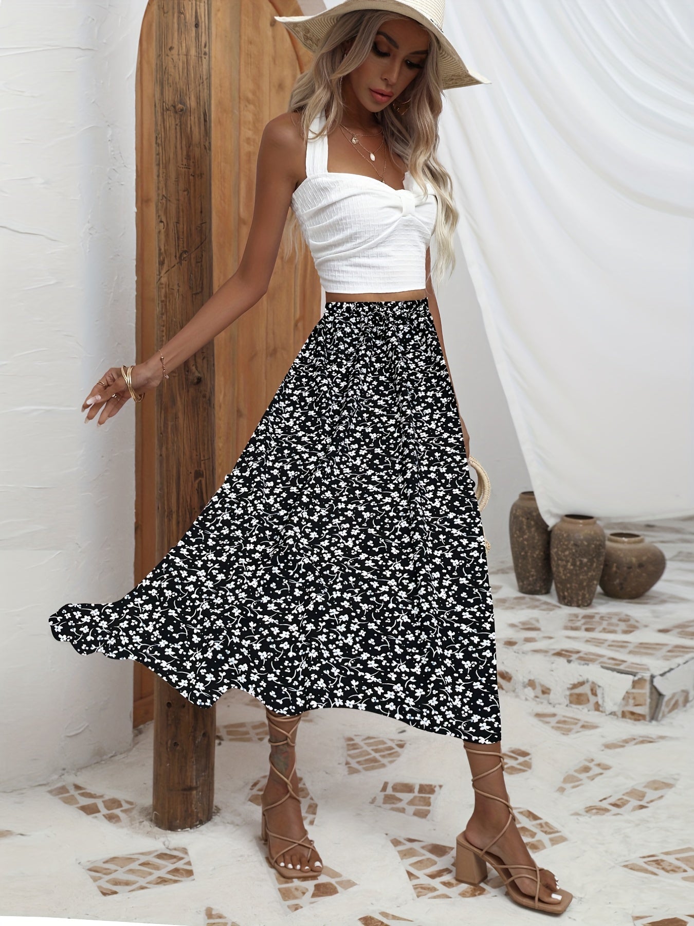 Floral Print Elastic Waist Casual Skirt for Women