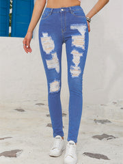 High Rise Skinny Jeans Distressed Medium Wash Denim Pants