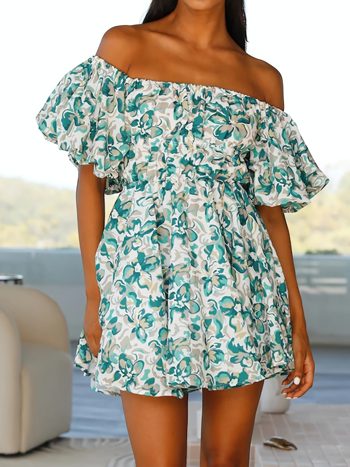 Floral Puff Sleeve Dress Off Shoulder Summer Casual