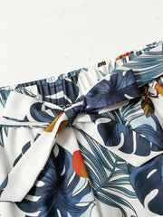 Tropical Print Elastic Waist Beach Shorts With Belt