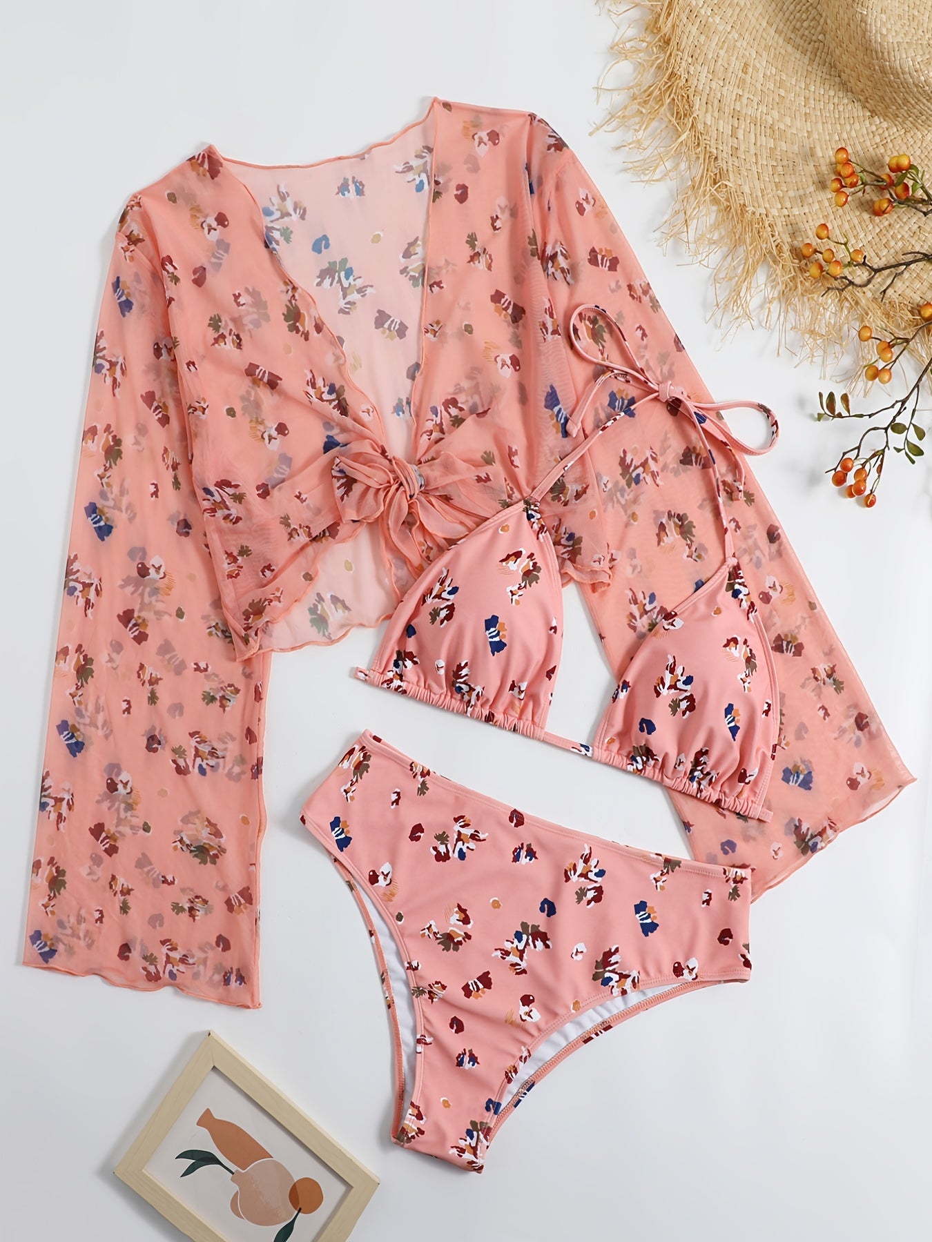 3pcs Plus Size Floral Print Bikini Set & Cover Up Tops Women's Plus Swimsuit Set