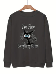 Tired Cat Print Pullover Sweatshirt for Women