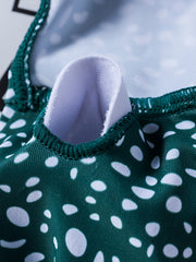 Dark Green Polka Dot Bikini Set V Neck Knot Front High Cut 2 Piece Swimsuit