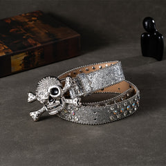 Skull Rivet Rhinestone Buckle for Men'S Belts Faux Leather Non Textile Weave