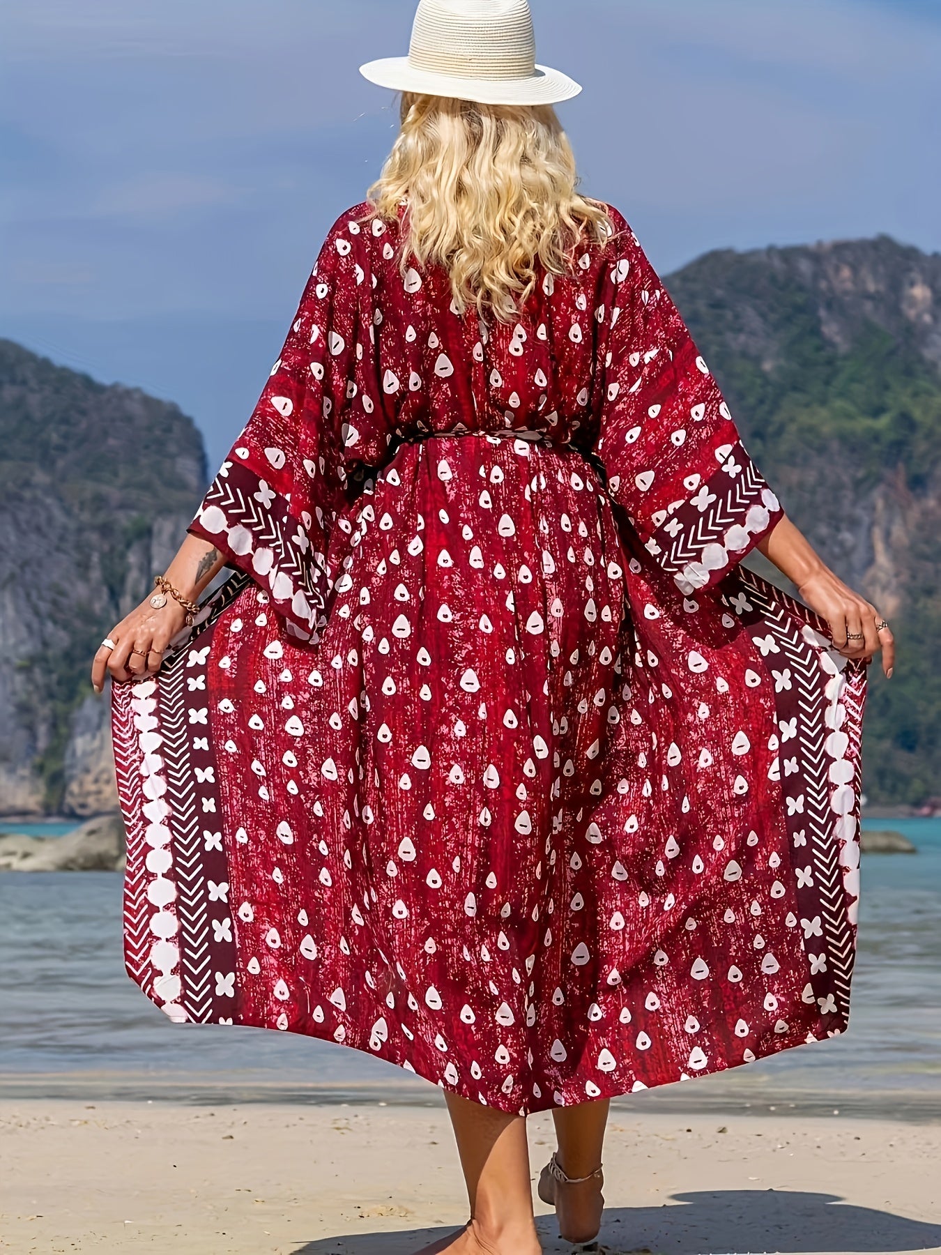 Red Allover Print Tie Belt 3 4 Sleeve Cover Up Cardigan Loose Fit Boho Vacation