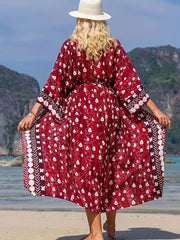 Red Allover Print Tie Belt 3 4 Sleeve Cover Up Cardigan Loose Fit Boho Vacation
