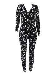 Graffiti Print Lounge Jumpsuit Long Sleeve V Neck Buttons Jumpsuit