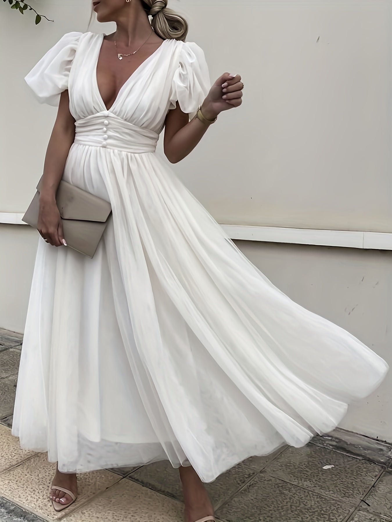 Plunging Wedding Dress Puff Sleeve Maxi Dress