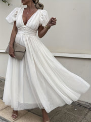 Plunging Wedding Dress Puff Sleeve Maxi Dress