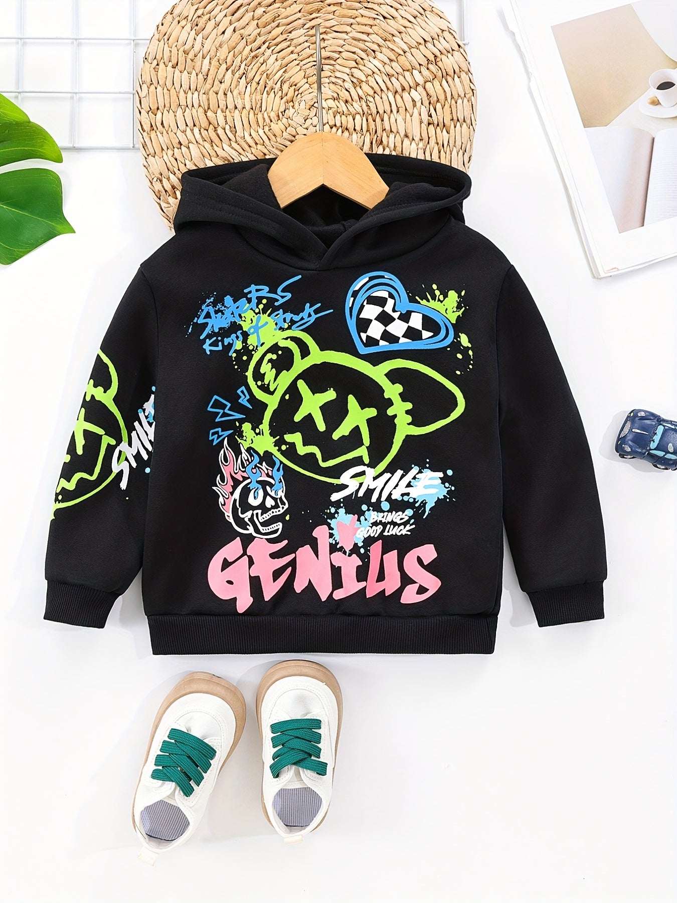 Letter And Bear Print Boys Hooded Sweatshirt For Spring Fall