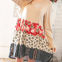 Floral Print Splicing Dress Long Sleeve