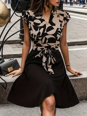 Geo Print Splicing Dress V Neck Ruffle Trim