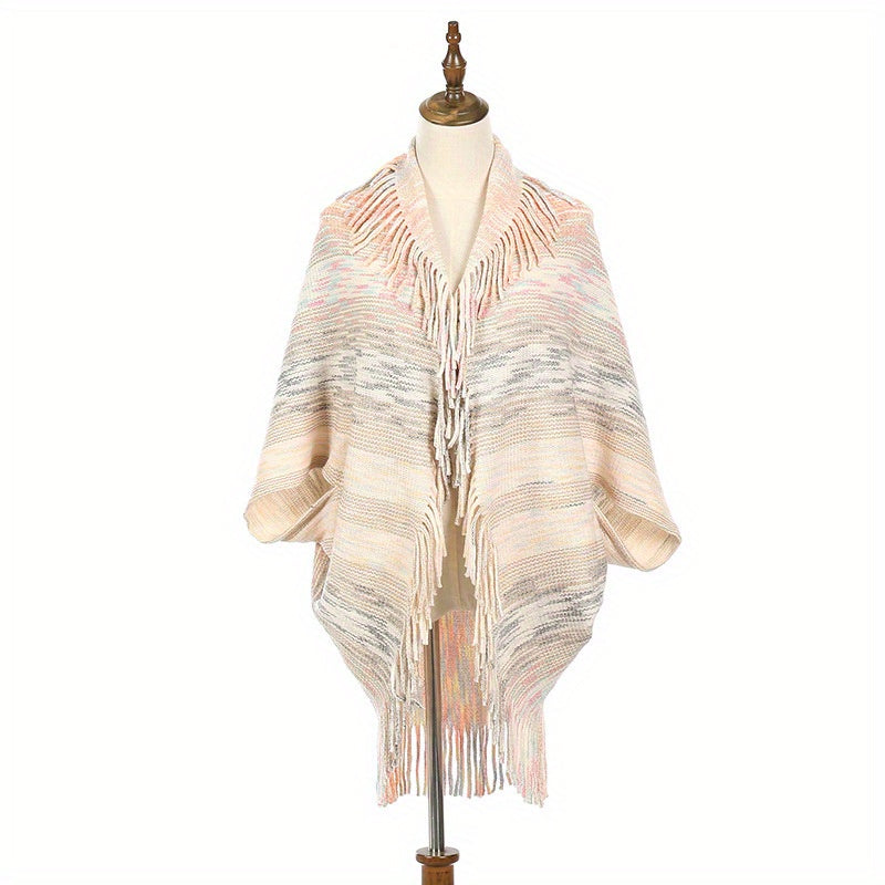 Stripe Fringe Edge Shawl Long Warm Cardigan Loose Windproof Shawl Wraps