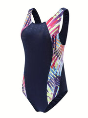 Girls Geometric Print One Piece Swimsuit Chest Pad Tankini Kids Clothes